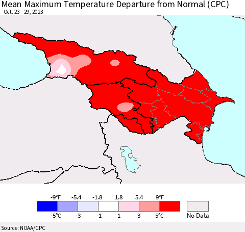 Azerbaijan, Armenia and Georgia Mean Maximum Temperature Departure from Normal (CPC) Thematic Map For 10/23/2023 - 10/29/2023