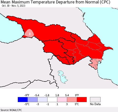 Azerbaijan, Armenia and Georgia Mean Maximum Temperature Departure from Normal (CPC) Thematic Map For 10/30/2023 - 11/5/2023
