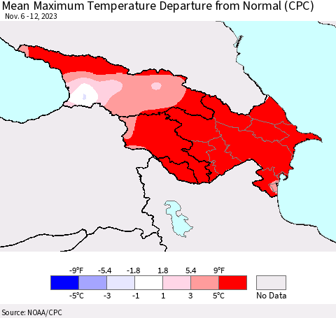 Azerbaijan, Armenia and Georgia Mean Maximum Temperature Departure from Normal (CPC) Thematic Map For 11/6/2023 - 11/12/2023