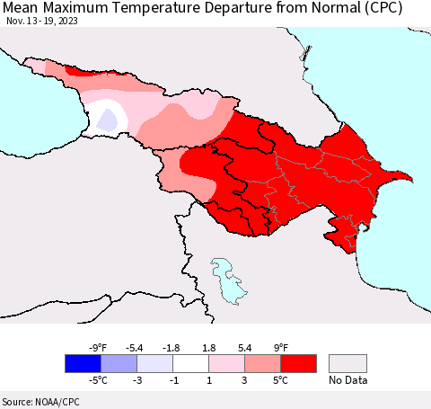 Azerbaijan, Armenia and Georgia Mean Maximum Temperature Departure from Normal (CPC) Thematic Map For 11/13/2023 - 11/19/2023