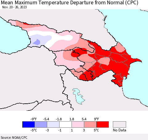 Azerbaijan, Armenia and Georgia Mean Maximum Temperature Departure from Normal (CPC) Thematic Map For 11/20/2023 - 11/26/2023