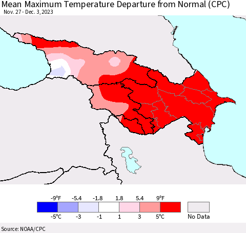 Azerbaijan, Armenia and Georgia Mean Maximum Temperature Departure from Normal (CPC) Thematic Map For 11/27/2023 - 12/3/2023