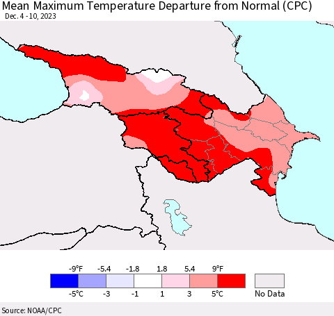 Azerbaijan, Armenia and Georgia Mean Maximum Temperature Departure from Normal (CPC) Thematic Map For 12/4/2023 - 12/10/2023