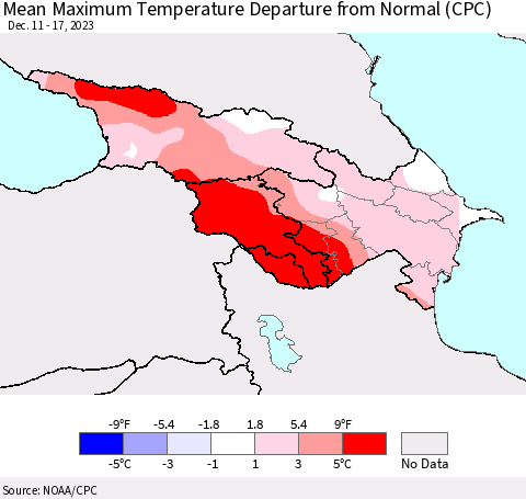 Azerbaijan, Armenia and Georgia Mean Maximum Temperature Departure from Normal (CPC) Thematic Map For 12/11/2023 - 12/17/2023