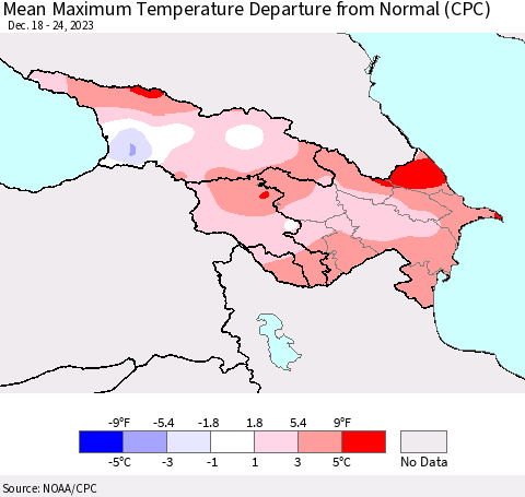 Azerbaijan, Armenia and Georgia Mean Maximum Temperature Departure from Normal (CPC) Thematic Map For 12/18/2023 - 12/24/2023