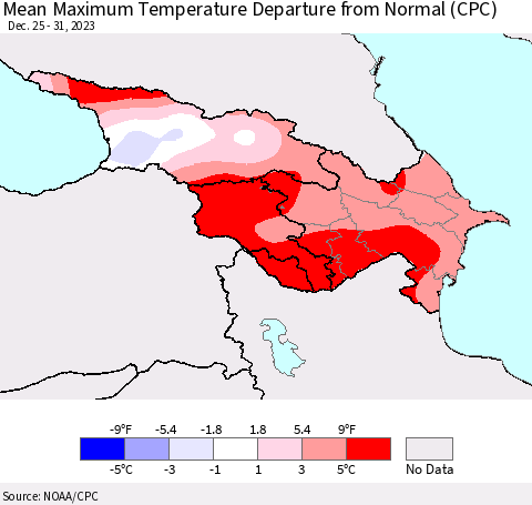 Azerbaijan, Armenia and Georgia Mean Maximum Temperature Departure from Normal (CPC) Thematic Map For 12/25/2023 - 12/31/2023