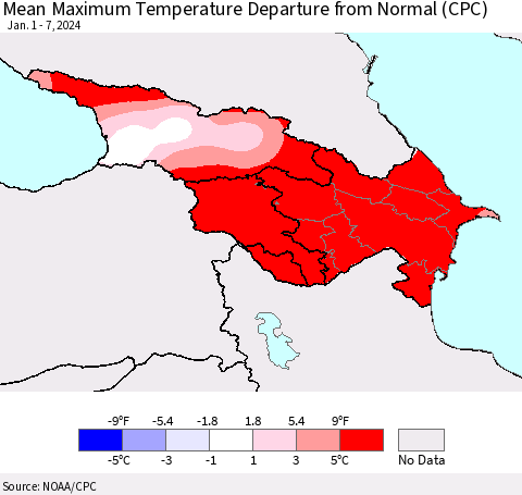 Azerbaijan, Armenia and Georgia Mean Maximum Temperature Departure from Normal (CPC) Thematic Map For 1/1/2024 - 1/7/2024