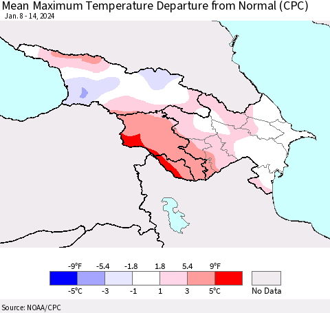 Azerbaijan, Armenia and Georgia Mean Maximum Temperature Departure from Normal (CPC) Thematic Map For 1/8/2024 - 1/14/2024