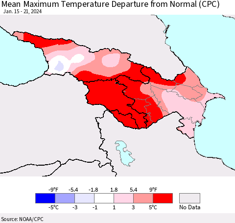 Azerbaijan, Armenia and Georgia Mean Maximum Temperature Departure from Normal (CPC) Thematic Map For 1/15/2024 - 1/21/2024
