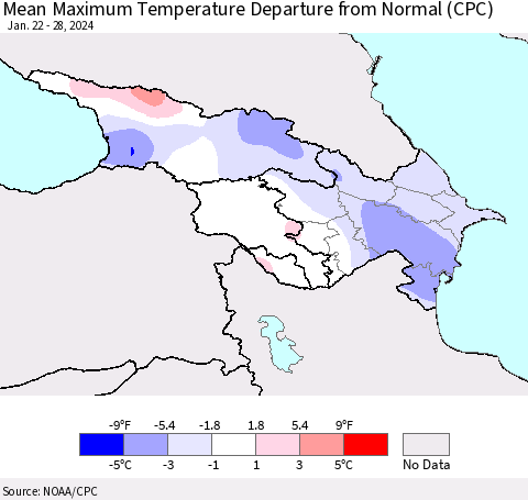 Azerbaijan, Armenia and Georgia Mean Maximum Temperature Departure from Normal (CPC) Thematic Map For 1/22/2024 - 1/28/2024