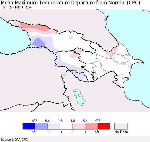 Azerbaijan, Armenia and Georgia Mean Maximum Temperature Departure from Normal (CPC) Thematic Map For 1/29/2024 - 2/4/2024