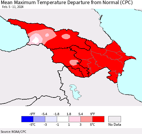 Azerbaijan, Armenia and Georgia Mean Maximum Temperature Departure from Normal (CPC) Thematic Map For 2/5/2024 - 2/11/2024