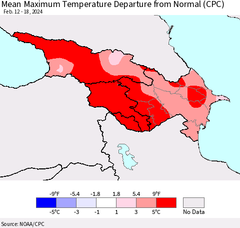 Azerbaijan, Armenia and Georgia Mean Maximum Temperature Departure from Normal (CPC) Thematic Map For 2/12/2024 - 2/18/2024