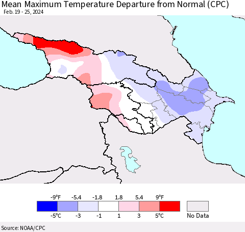 Azerbaijan, Armenia and Georgia Mean Maximum Temperature Departure from Normal (CPC) Thematic Map For 2/19/2024 - 2/25/2024