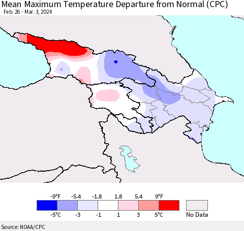 Azerbaijan, Armenia and Georgia Mean Maximum Temperature Departure from Normal (CPC) Thematic Map For 2/26/2024 - 3/3/2024