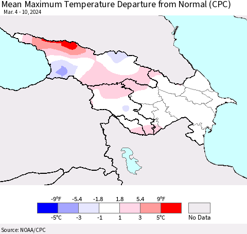Azerbaijan, Armenia and Georgia Mean Maximum Temperature Departure from Normal (CPC) Thematic Map For 3/4/2024 - 3/10/2024