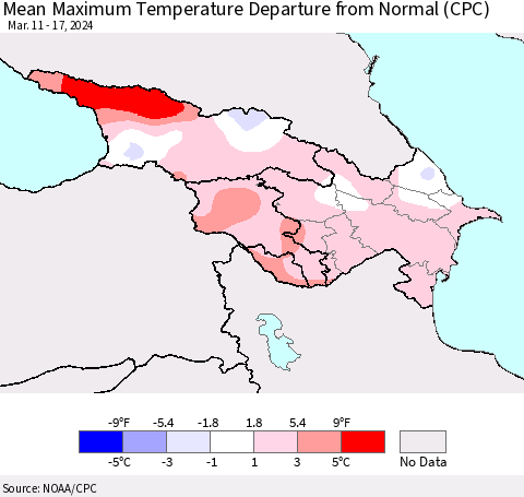 Azerbaijan, Armenia and Georgia Mean Maximum Temperature Departure from Normal (CPC) Thematic Map For 3/11/2024 - 3/17/2024