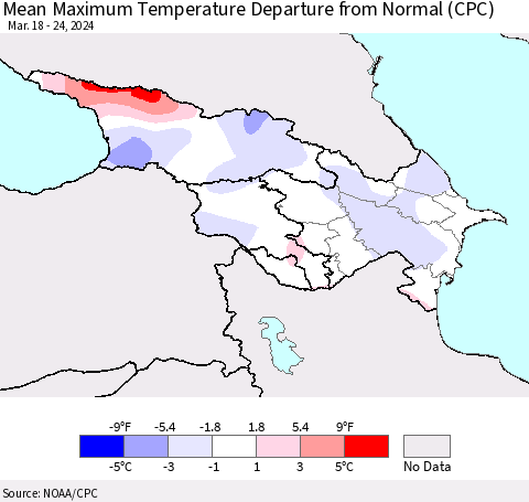 Azerbaijan, Armenia and Georgia Mean Maximum Temperature Departure from Normal (CPC) Thematic Map For 3/18/2024 - 3/24/2024