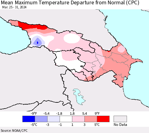 Azerbaijan, Armenia and Georgia Mean Maximum Temperature Departure from Normal (CPC) Thematic Map For 3/25/2024 - 3/31/2024