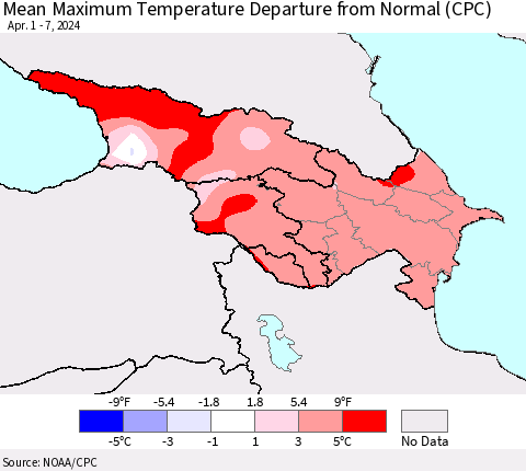 Azerbaijan, Armenia and Georgia Mean Maximum Temperature Departure from Normal (CPC) Thematic Map For 4/1/2024 - 4/7/2024