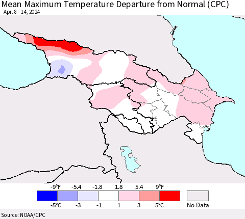Azerbaijan, Armenia and Georgia Mean Maximum Temperature Departure from Normal (CPC) Thematic Map For 4/8/2024 - 4/14/2024
