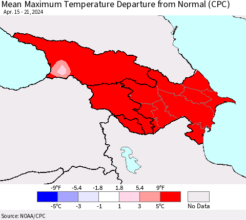 Azerbaijan, Armenia and Georgia Mean Maximum Temperature Departure from Normal (CPC) Thematic Map For 4/15/2024 - 4/21/2024