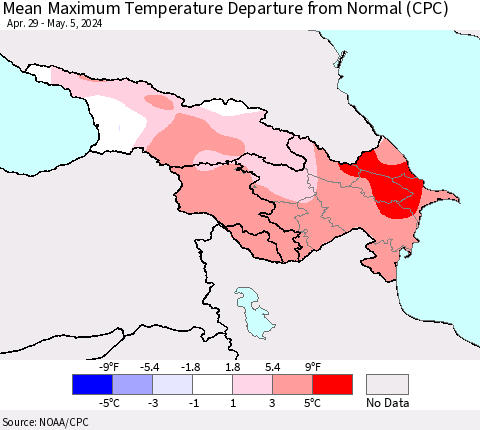 Azerbaijan, Armenia and Georgia Mean Maximum Temperature Departure from Normal (CPC) Thematic Map For 4/29/2024 - 5/5/2024