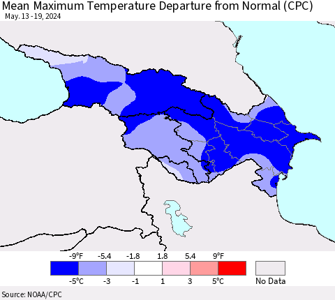 Azerbaijan, Armenia and Georgia Mean Maximum Temperature Departure from Normal (CPC) Thematic Map For 5/13/2024 - 5/19/2024