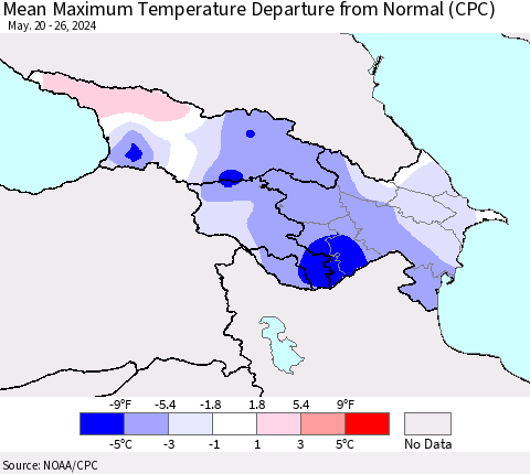 Azerbaijan, Armenia and Georgia Mean Maximum Temperature Departure from Normal (CPC) Thematic Map For 5/20/2024 - 5/26/2024