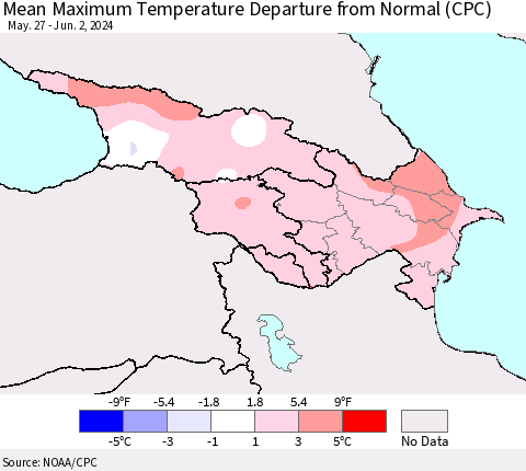 Azerbaijan, Armenia and Georgia Mean Maximum Temperature Departure from Normal (CPC) Thematic Map For 5/27/2024 - 6/2/2024