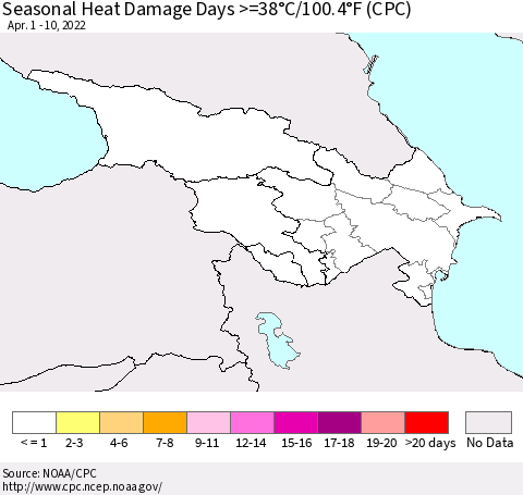 Azerbaijan, Armenia and Georgia Seasonal Heat Damage Days >=38°C/100°F (CPC) Thematic Map For 4/1/2022 - 4/10/2022