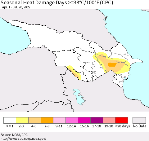 Azerbaijan, Armenia and Georgia Seasonal Heat Damage Days >=38°C/100°F (CPC) Thematic Map For 4/1/2022 - 7/20/2022