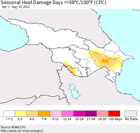 Azerbaijan, Armenia and Georgia Seasonal Heat Damage Days >=38°C/100°F (CPC) Thematic Map For 4/1/2022 - 8/10/2022