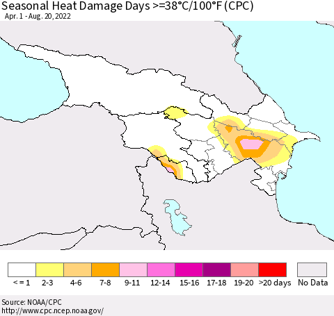 Azerbaijan, Armenia and Georgia Seasonal Heat Damage Days >=38°C/100°F (CPC) Thematic Map For 4/1/2022 - 8/20/2022