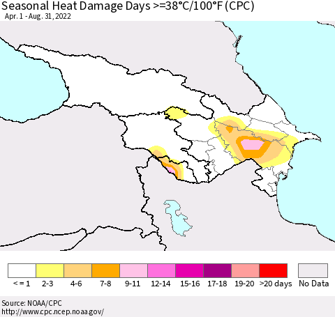 Azerbaijan, Armenia and Georgia Seasonal Heat Damage Days >=38°C/100°F (CPC) Thematic Map For 4/1/2022 - 8/31/2022