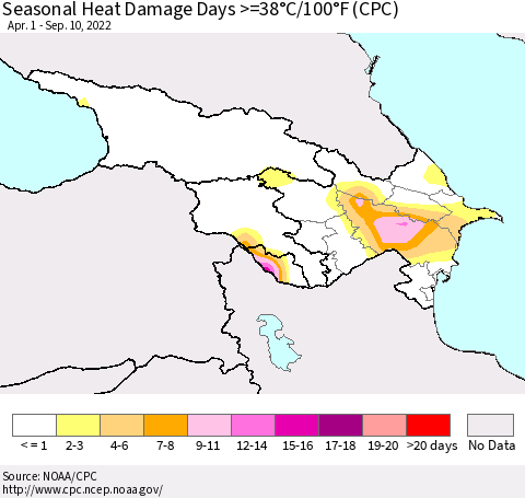 Azerbaijan, Armenia and Georgia Seasonal Heat Damage Days >=38°C/100°F (CPC) Thematic Map For 4/1/2022 - 9/10/2022