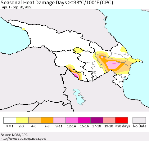 Azerbaijan, Armenia and Georgia Seasonal Heat Damage Days >=38°C/100°F (CPC) Thematic Map For 4/1/2022 - 9/20/2022