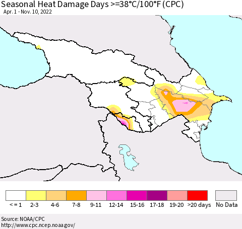 Azerbaijan, Armenia and Georgia Seasonal Heat Damage Days >=38°C/100°F (CPC) Thematic Map For 4/1/2022 - 11/10/2022