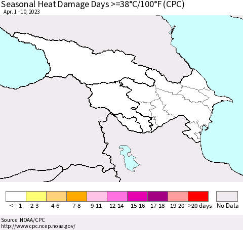Azerbaijan, Armenia and Georgia Seasonal Heat Damage Days >=38°C/100°F (CPC) Thematic Map For 4/1/2023 - 4/10/2023