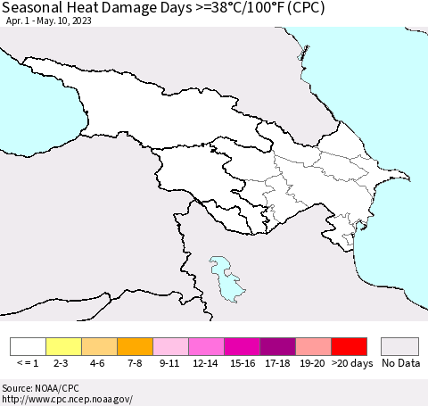 Azerbaijan, Armenia and Georgia Seasonal Heat Damage Days >=38°C/100°F (CPC) Thematic Map For 4/1/2023 - 5/10/2023