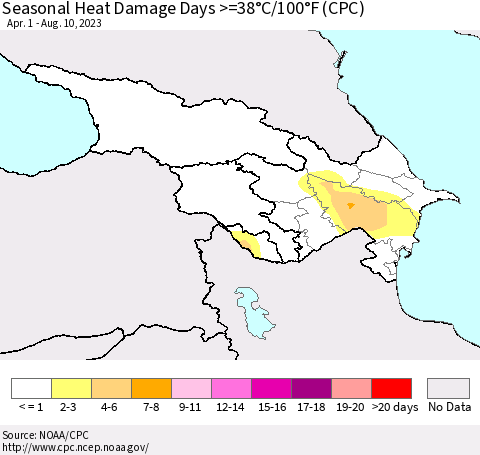 Azerbaijan, Armenia and Georgia Seasonal Heat Damage Days >=38°C/100°F (CPC) Thematic Map For 4/1/2023 - 8/10/2023
