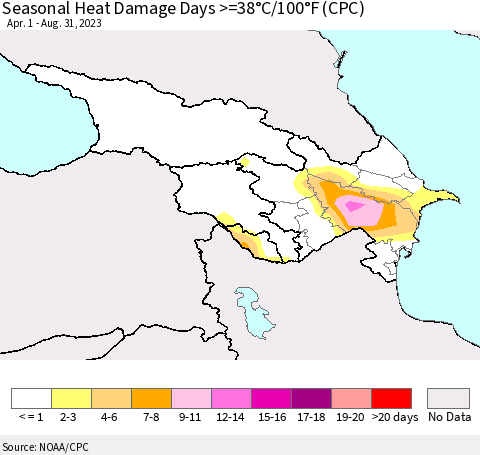 Azerbaijan, Armenia and Georgia Seasonal Heat Damage Days >=38°C/100°F (CPC) Thematic Map For 4/1/2023 - 8/31/2023