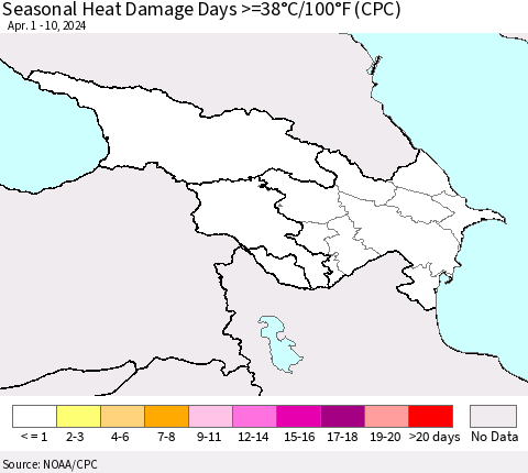 Azerbaijan, Armenia and Georgia Seasonal Heat Damage Days >=38°C/100°F (CPC) Thematic Map For 4/1/2024 - 4/10/2024