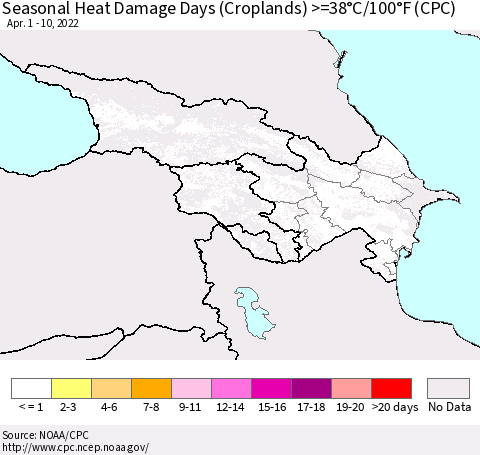Azerbaijan, Armenia and Georgia Seasonal Heat Damage Days (Croplands) >=38°C/100°F (CPC) Thematic Map For 4/1/2022 - 4/10/2022