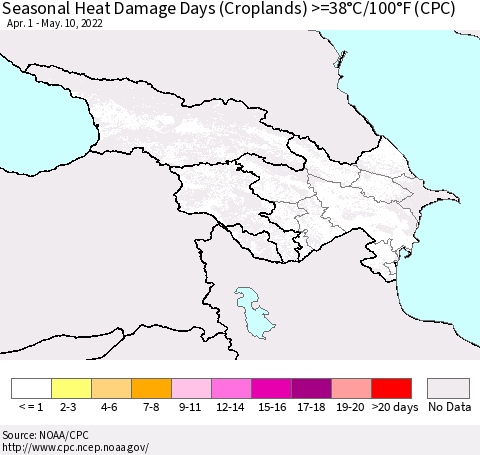 Azerbaijan, Armenia and Georgia Seasonal Heat Damage Days (Croplands) >=38°C/100°F (CPC) Thematic Map For 4/1/2022 - 5/10/2022
