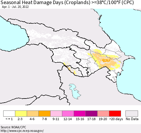 Azerbaijan, Armenia and Georgia Seasonal Heat Damage Days (Croplands) >=38°C/100°F (CPC) Thematic Map For 4/1/2022 - 7/20/2022