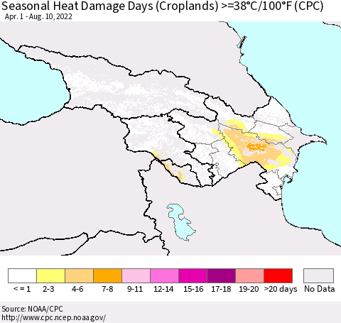 Azerbaijan, Armenia and Georgia Seasonal Heat Damage Days (Croplands) >=38°C/100°F (CPC) Thematic Map For 4/1/2022 - 8/10/2022