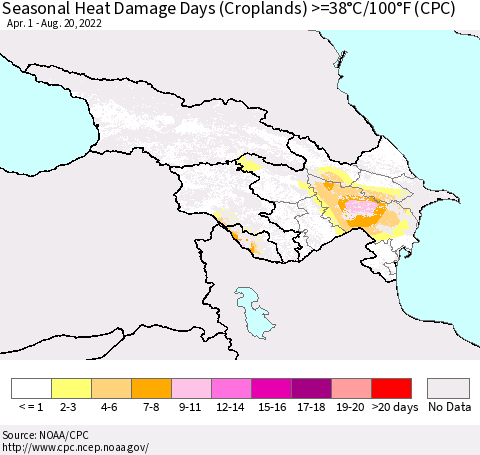 Azerbaijan, Armenia and Georgia Seasonal Heat Damage Days (Croplands) >=38°C/100°F (CPC) Thematic Map For 4/1/2022 - 8/20/2022
