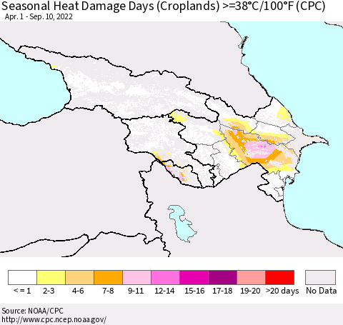 Azerbaijan, Armenia and Georgia Seasonal Heat Damage Days (Croplands) >=38°C/100°F (CPC) Thematic Map For 4/1/2022 - 9/10/2022