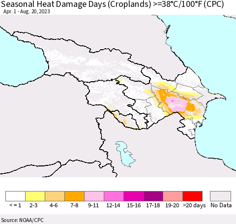 Azerbaijan, Armenia and Georgia Seasonal Heat Damage Days (Croplands) >=38°C/100°F (CPC) Thematic Map For 4/1/2023 - 8/20/2023
